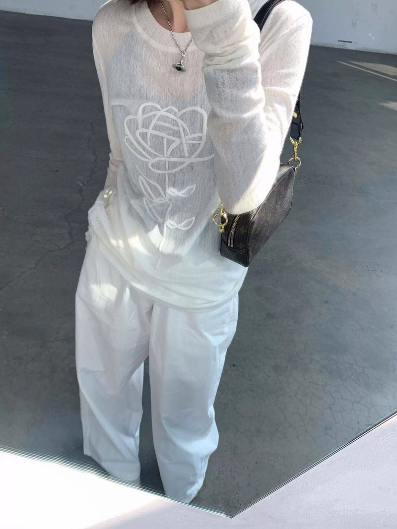立体印花长袖T恤女设计感小众显瘦弹力薄款防晒罩衫微透网纱上衣