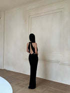 Black Plunge Halter Cutout Slit Maxi Dress - detail or back view