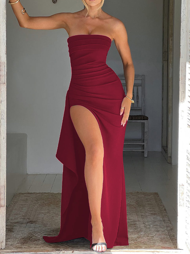 Strapless High-Slit Evening Dress - Burgundy