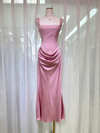 Women's Satin Cowl-Neck Ruched Maxi Evening Dress - Pink