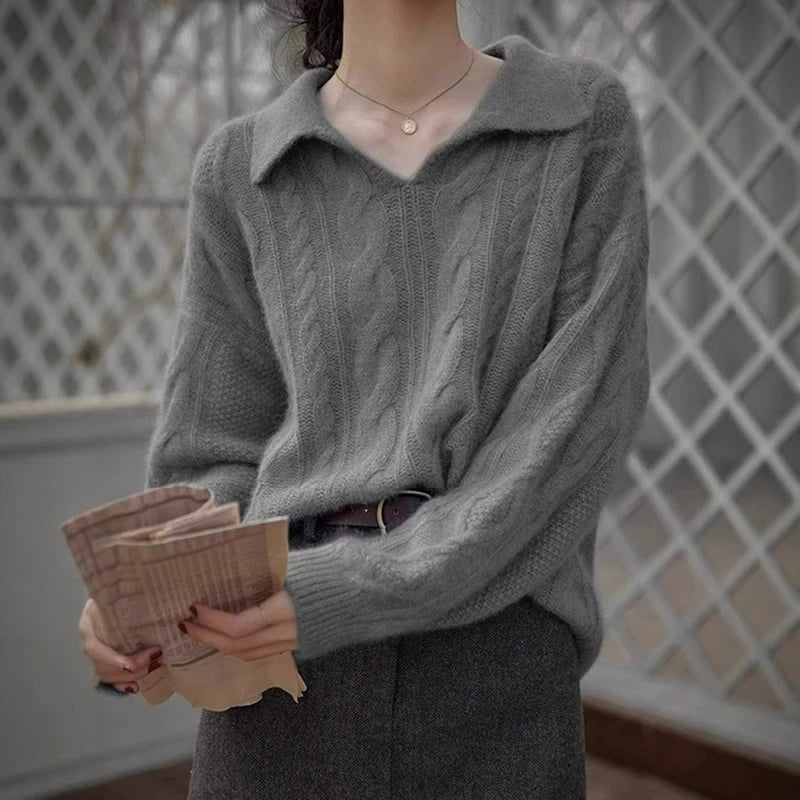 法式复古蓝色麻花翻领针织衫女秋冬慵懒风软糯毛衣高级感polo上衣