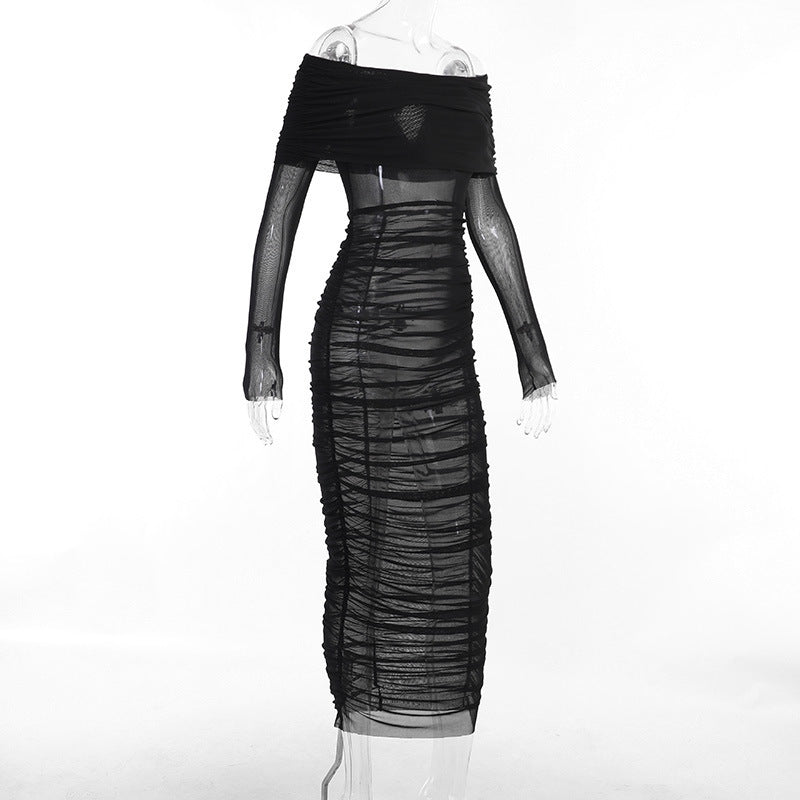 Women's Long-Sleeve Mesh Ruched Maxi Evening Dress