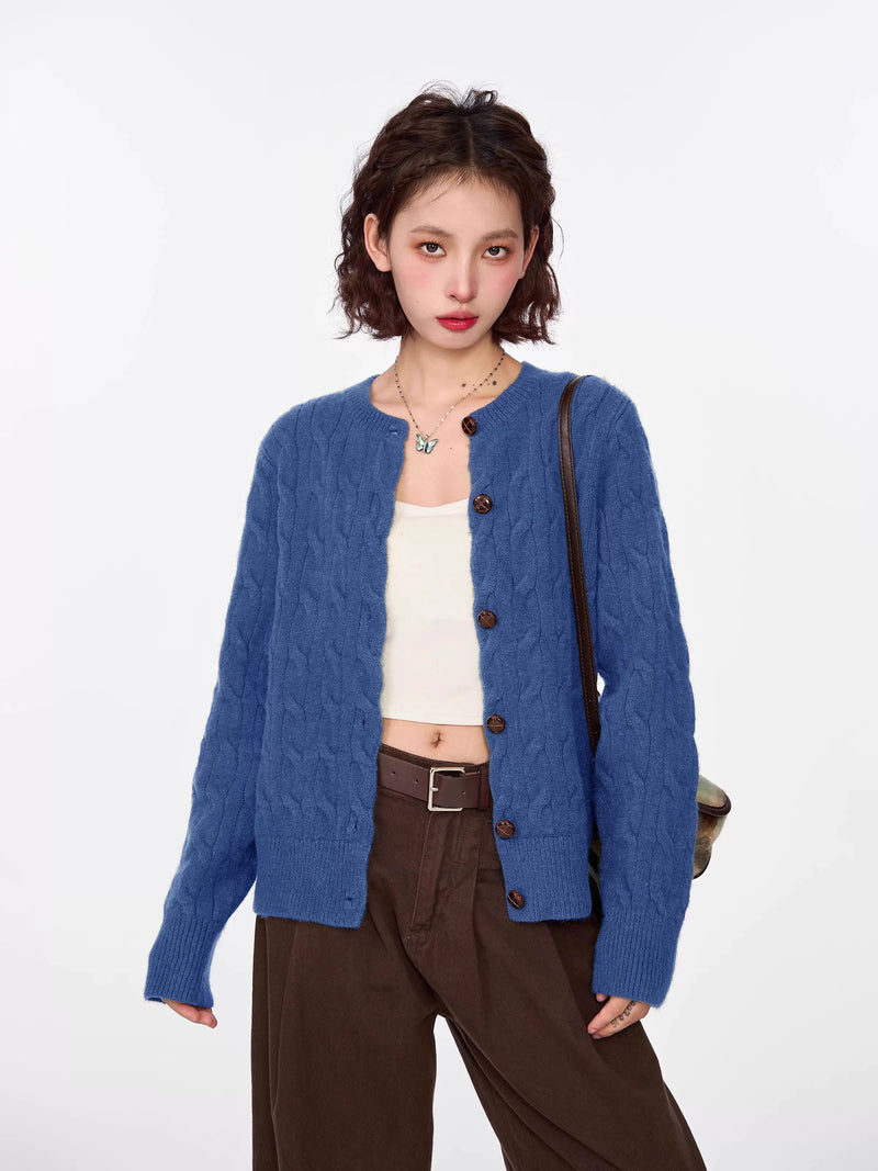 绿色麻花毛衣开衫外套女早春春季韩系内搭打底短款针织衫长袖上衣