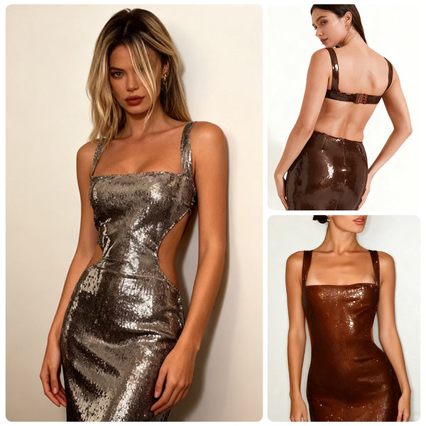 Women's Backless Metallic Maxi Evening Dress