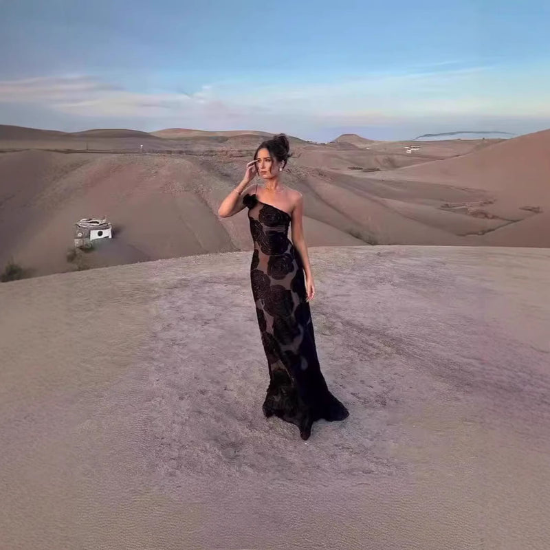 Women's Floral One-Shoulder Maxi Evening Dress