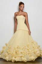 Women's Strapless 3D Floral Maxi Evening Dress - Yellow