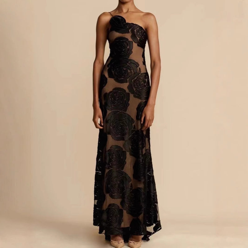 Women's Floral One-Shoulder Maxi Evening Dress