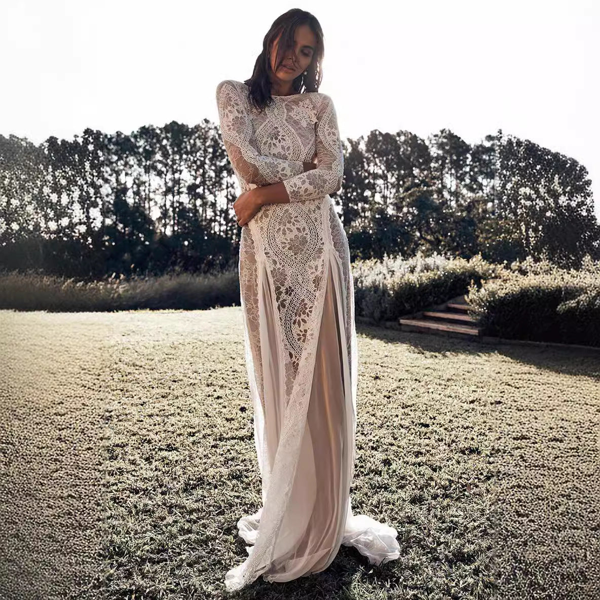 Women's Round-Neck Long-Sleeve Lace Wedding Dress with Open Back