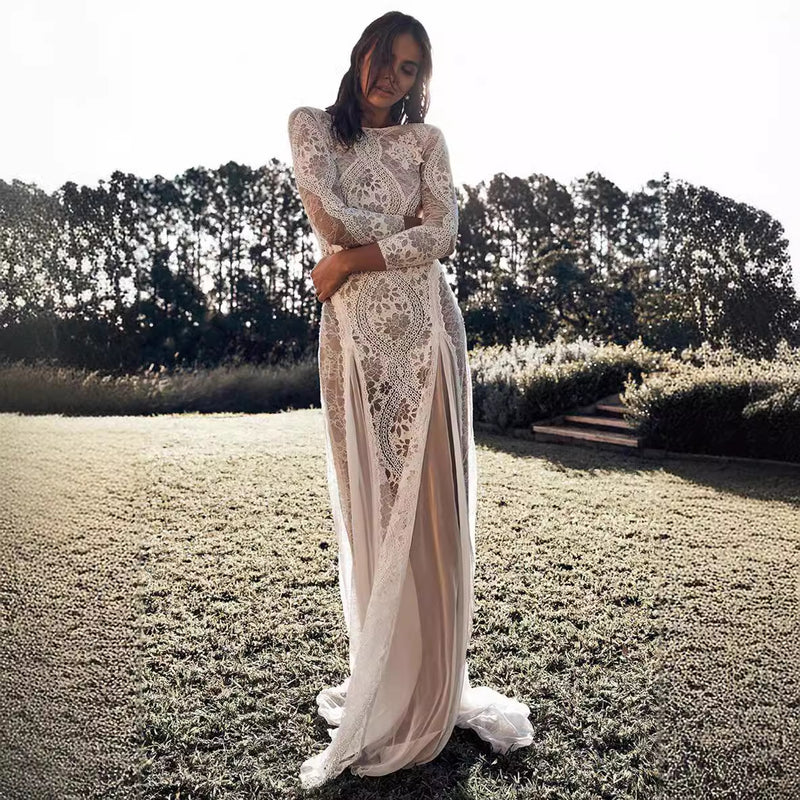 Women's Round-Neck Long-Sleeve Lace Wedding Dress with Open Back