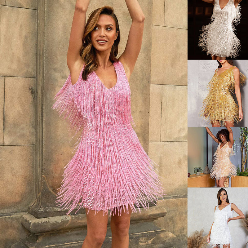 Women's Sleeveless Sequin Fringe Evening Dress