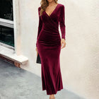 Women's V-Neck Mermaid Evening Dress - Burgundy