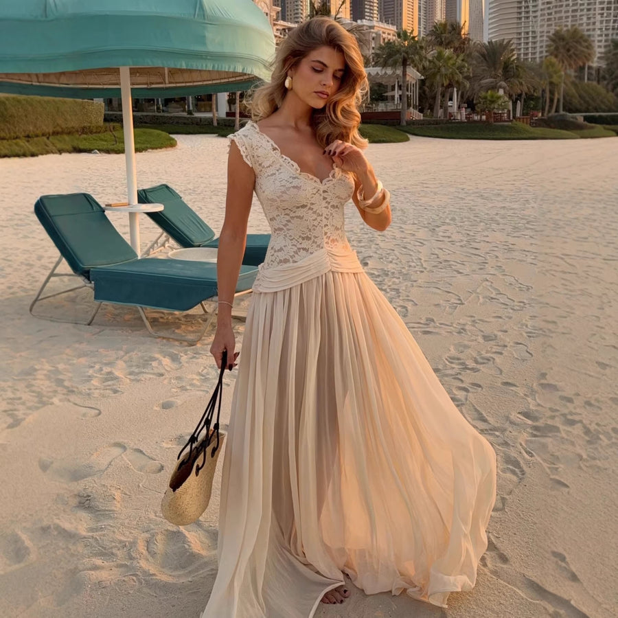 Women's V-Neck Lace Maxi Evening Dress