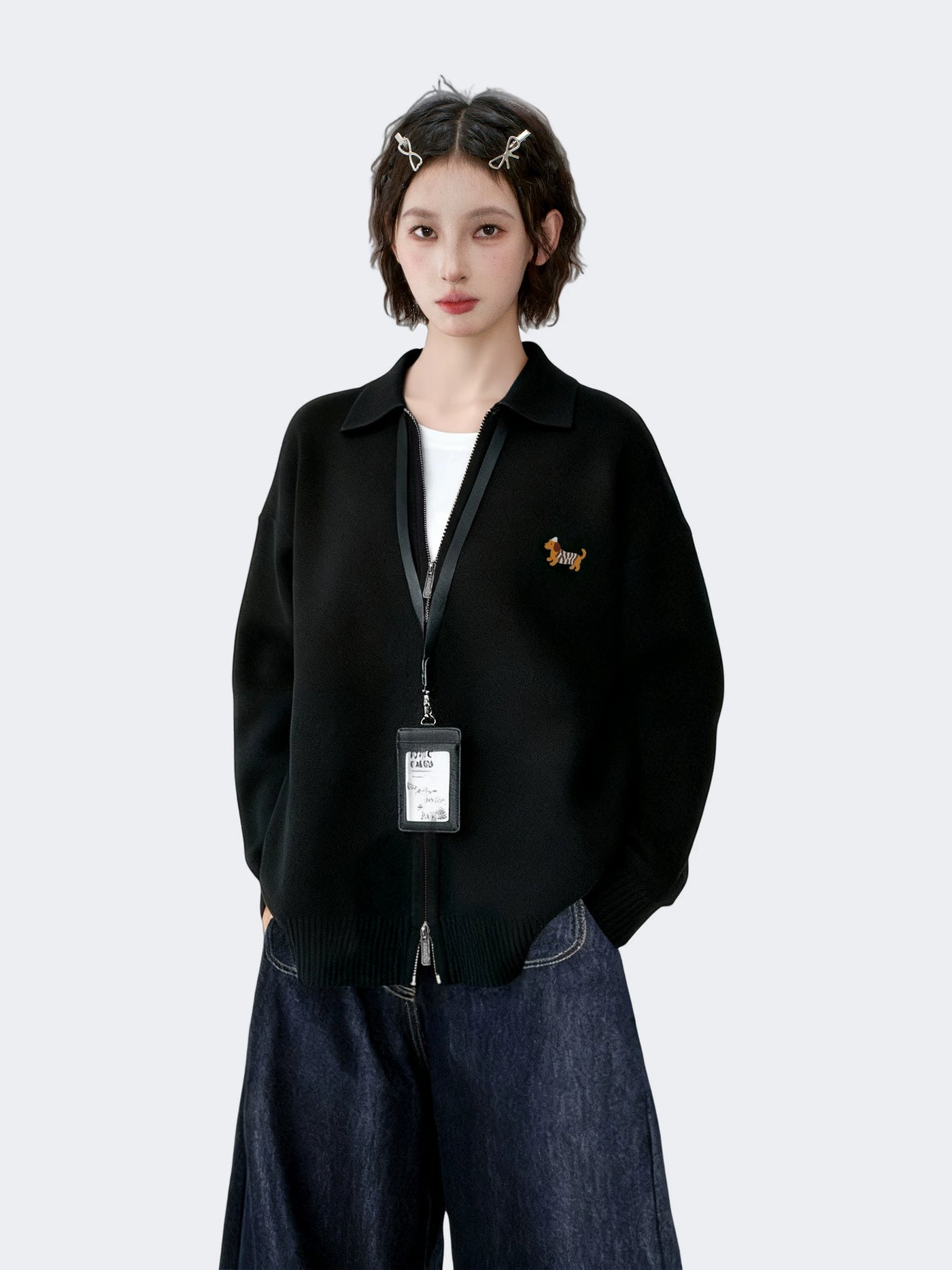 黑色polo翻领双拉链毛衣外套女秋冬秋季加厚宽松慵懒针织开衫上衣