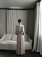 Champagne Mock Neck Long Sleeve Pleated Maxi Dress - detail or back view
