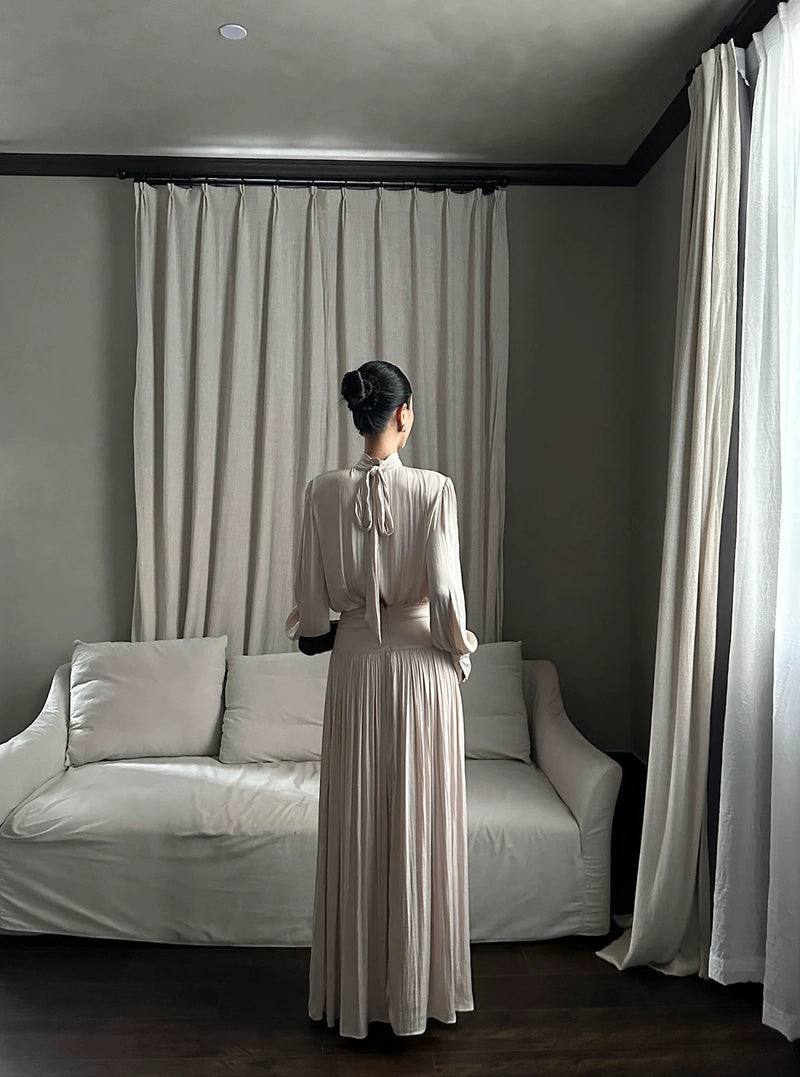Champagne Mock Neck Long Sleeve Pleated Maxi Dress - detail or back view