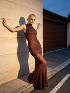 Women's High-Neck Sleeveless Rhinestone Mermaid Maxi Evening Dress