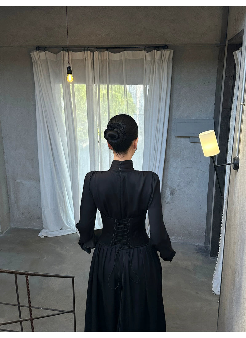 Black High Neck Keyhole Long Sleeve Maxi Dress - detail or back view