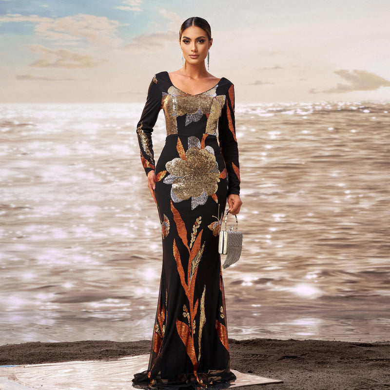 Women's V-Neck Long-Sleeve Sequin Mermaid Evening Dress