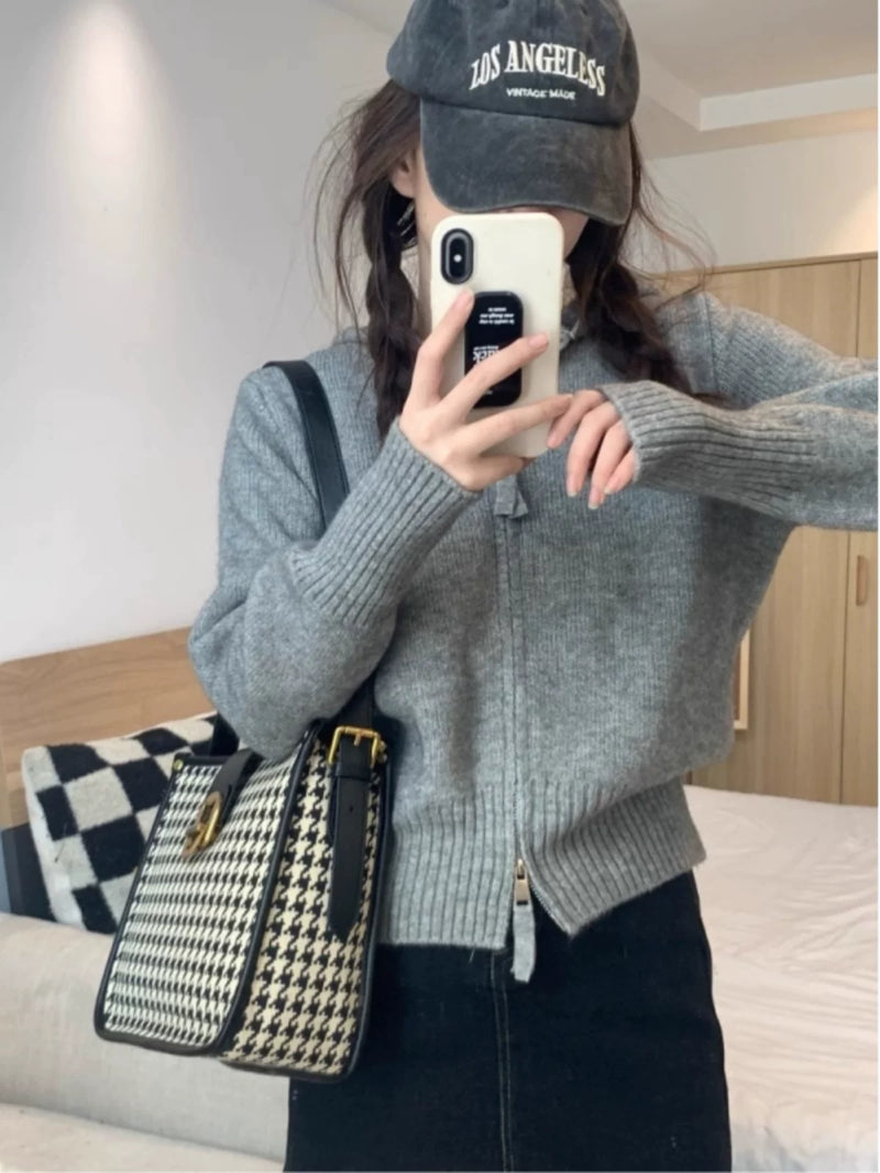 灰色拉链外套连帽针织开衫女秋冬ins韩版洋气内搭短款毛衣打底衫