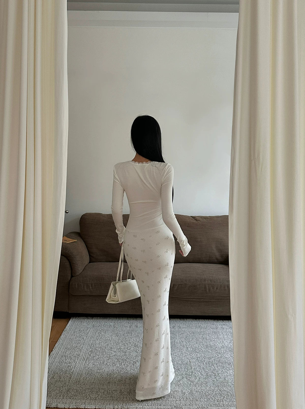 Ivory Floral Twist Front Long Sleeve Maxi Dress - detail or back view