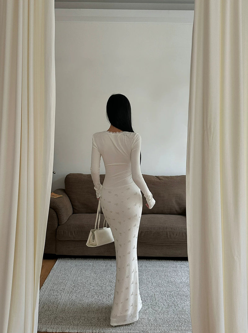 Ivory Floral Twist Front Long Sleeve Maxi Dress - detail or back view