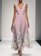 Women's V-Neck Sleeveless Evening Dress - Pink