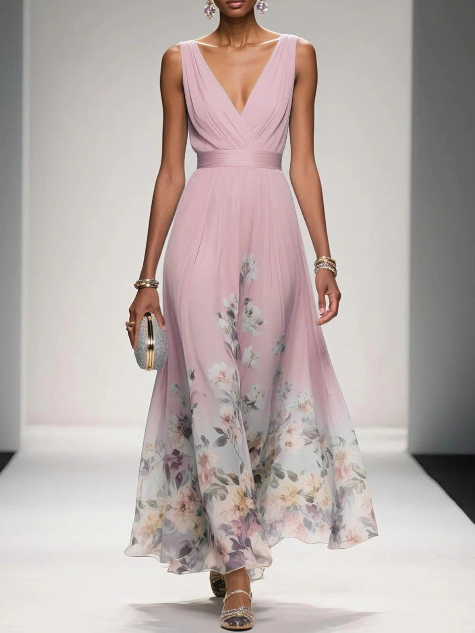 Women's V-Neck Sleeveless Evening Dress - Pink