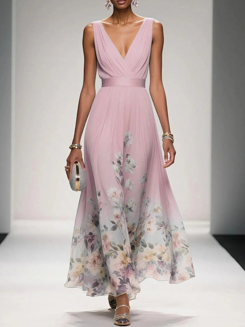 Women's V-Neck Sleeveless Evening Dress - Pink