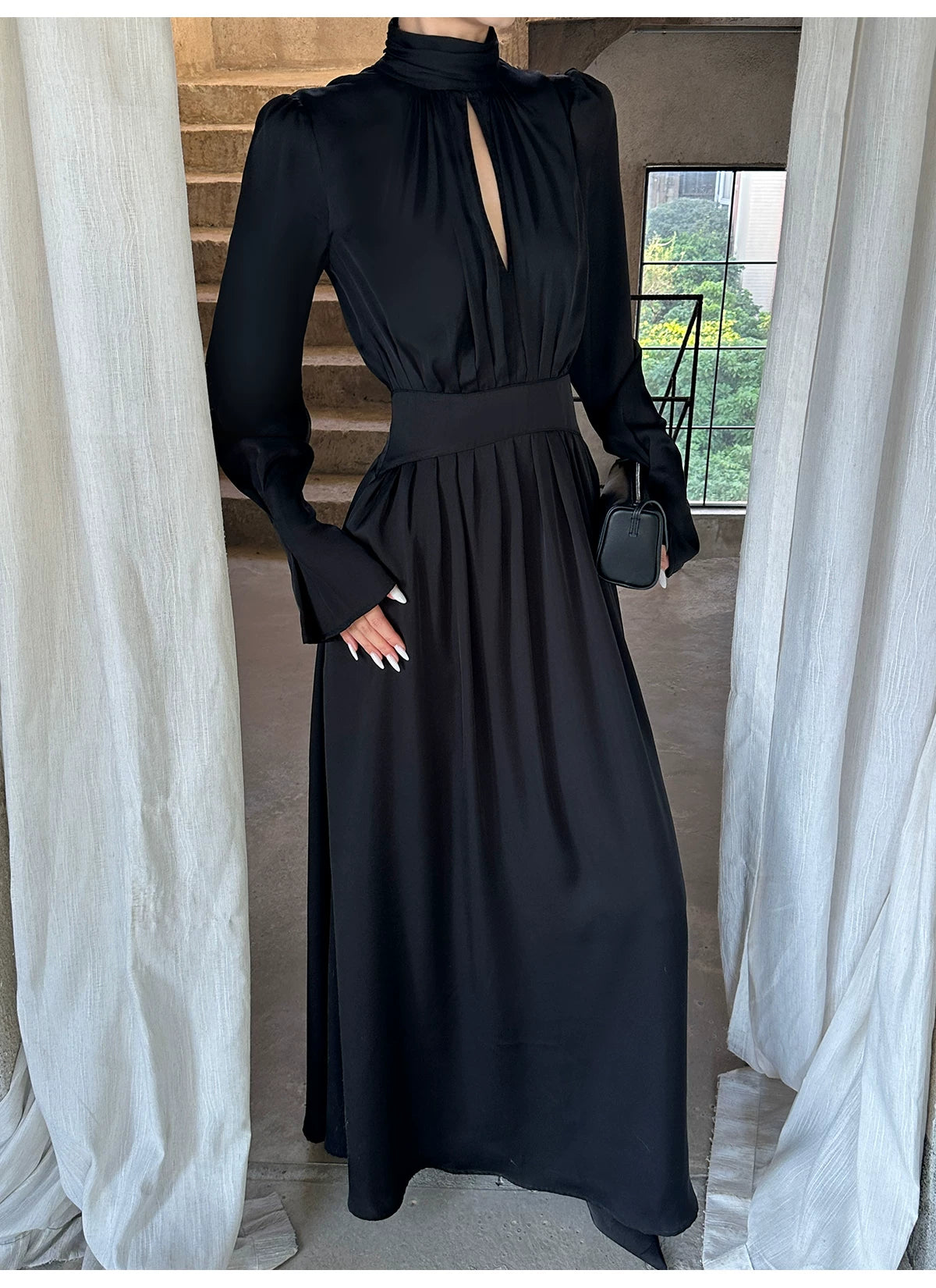 Black High Neck Keyhole Long Sleeve Maxi Dress - detail or back view