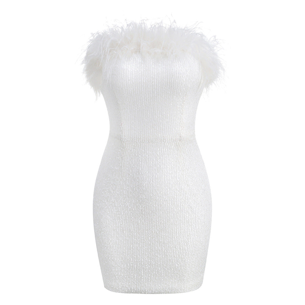 Women's Strapless Sequin Feather-Trim Bodycon Mini Cocktail Dress - White