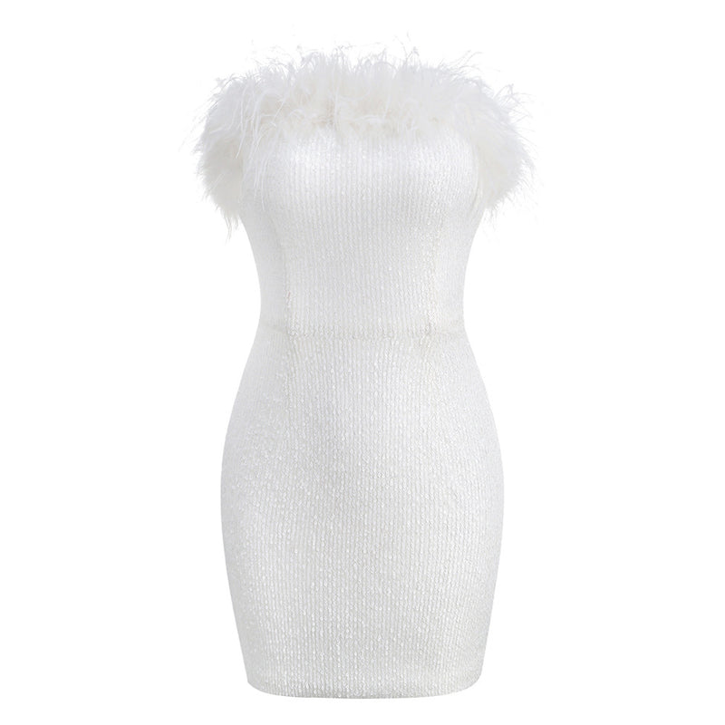 Women's Strapless Sequin Feather-Trim Bodycon Mini Cocktail Dress - White