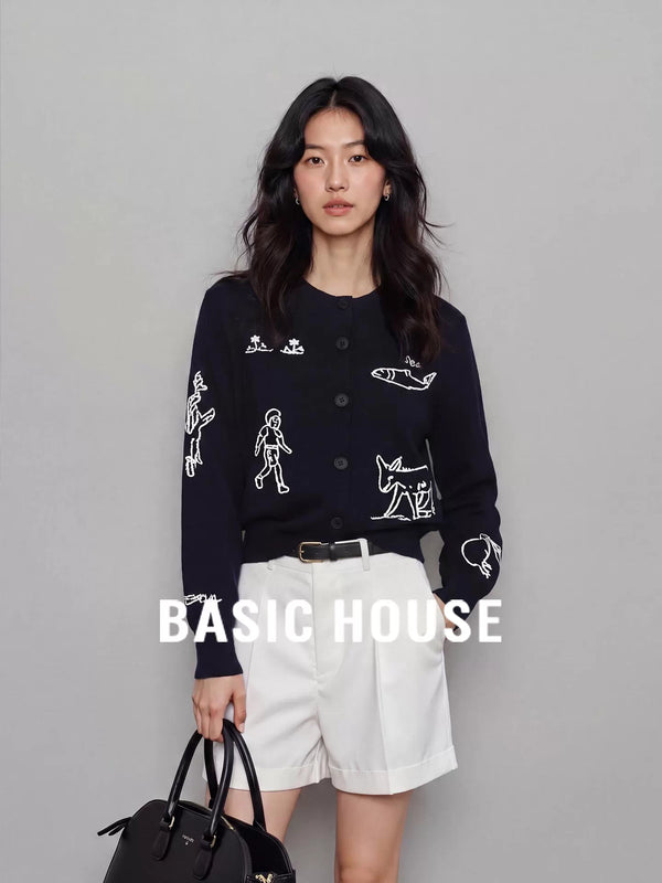 Basic House/百家好藏蓝色绣花针织开衫外套女2026秋季巨好看毛衣