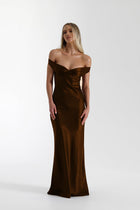 Women's Satin Mermaid Maxi Evening Dress - Coffee