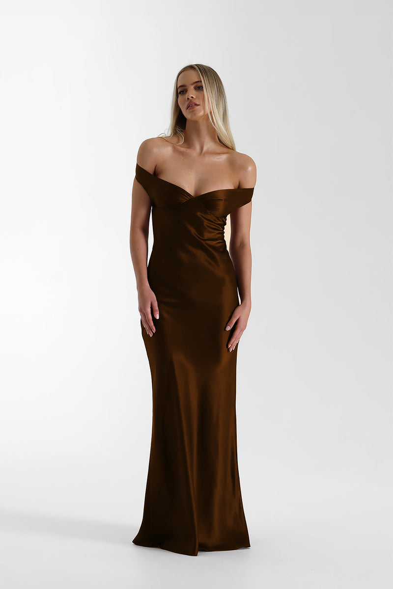 Women's Satin Mermaid Maxi Evening Dress - Coffee