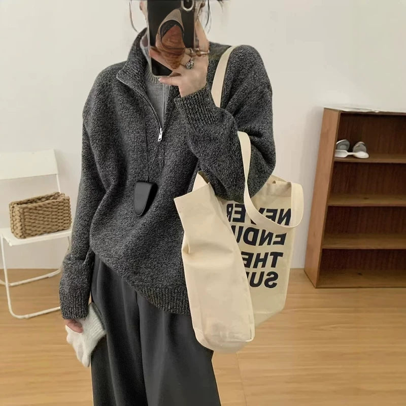 克莱因蓝色假两件半拉链立领毛衣女秋冬设计感独特别致针织衫上衣
