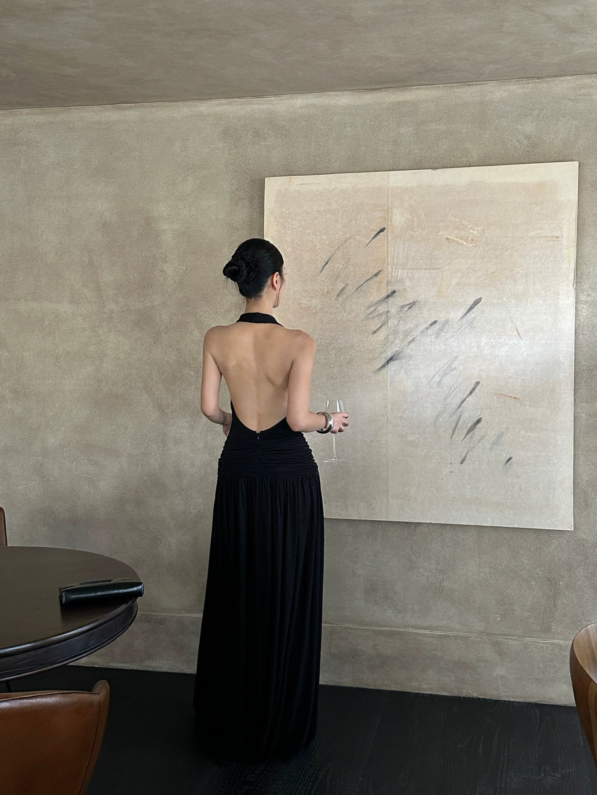 Open-Back Halter Maxi Dress with Ruched Waist - detail or back view