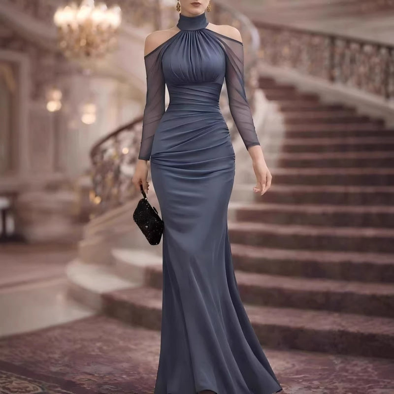 Women's Halter Long-Sleeve Tulle Maxi Evening Dress