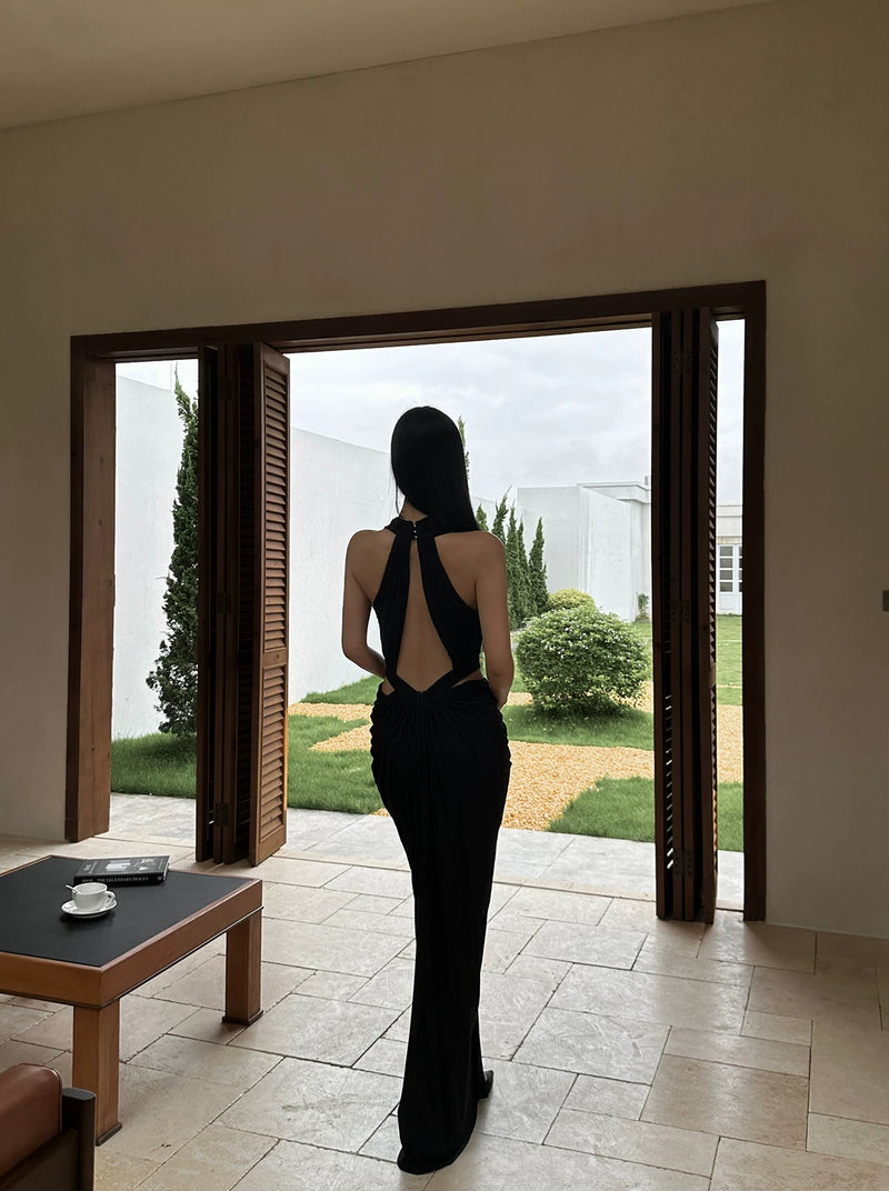 Black Plunge Halter Cutout Slit Maxi Dress - detail or back view