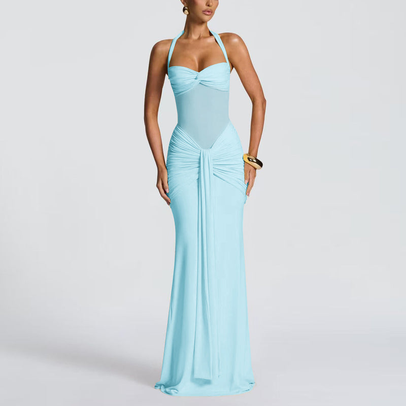 Women's Halter Ruched Bodycon Evening Dress - Light Blue