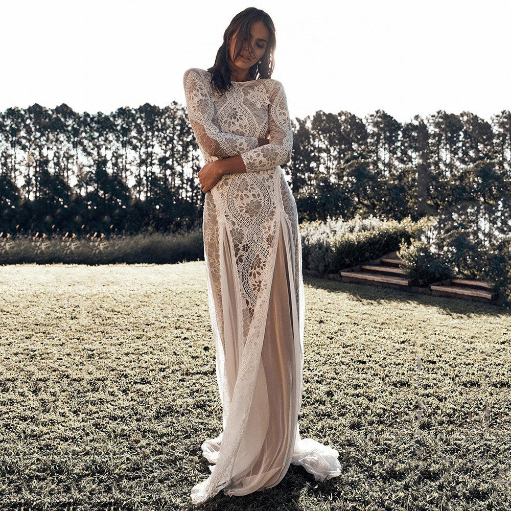 Women's Round-Neck Long-Sleeve Lace Floral Wedding Dress with Open Back
