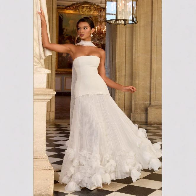 Strapless Pleated Ball Gown with Floral Detail