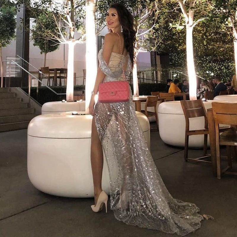 Silver One-Shoulder Sequin Evening Gown