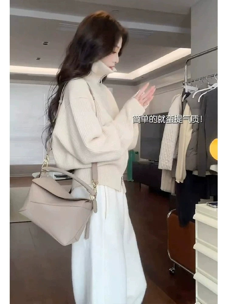慵懒风双拉链翻领针织开衫女秋冬加厚高级感软糯毛衣外套短款上衣