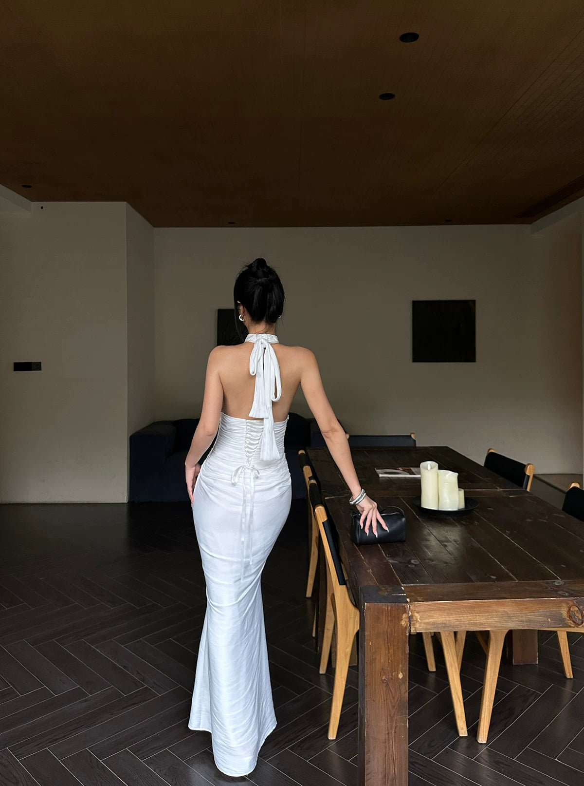 White Keyhole Halter Ruched Satin Maxi Dress - detail or back view