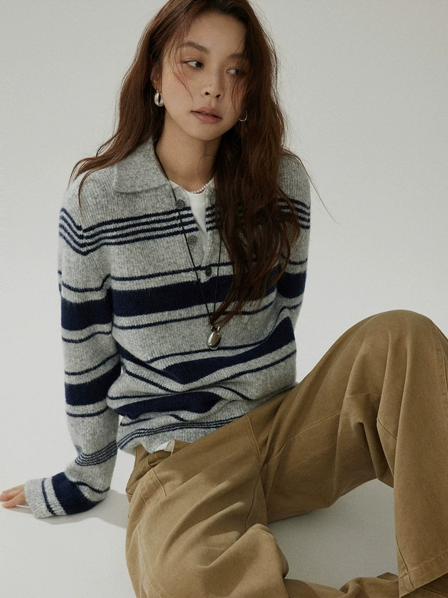 法式复古老钱风撞色条纹翻领针织衫女早秋氛围感休闲百搭长袖毛衣