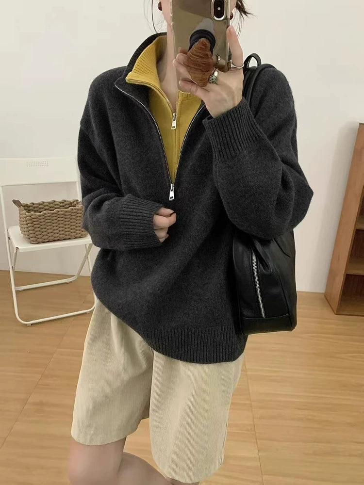 克莱因蓝色假两件半拉链立领毛衣女秋冬设计感独特别致针织衫上衣