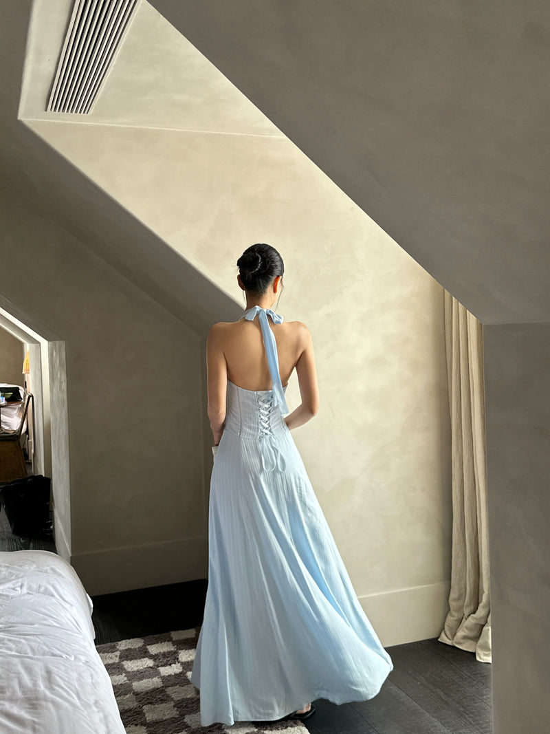 Light Blue Bow Front Corset Halter Maxi Dress - detail or back view