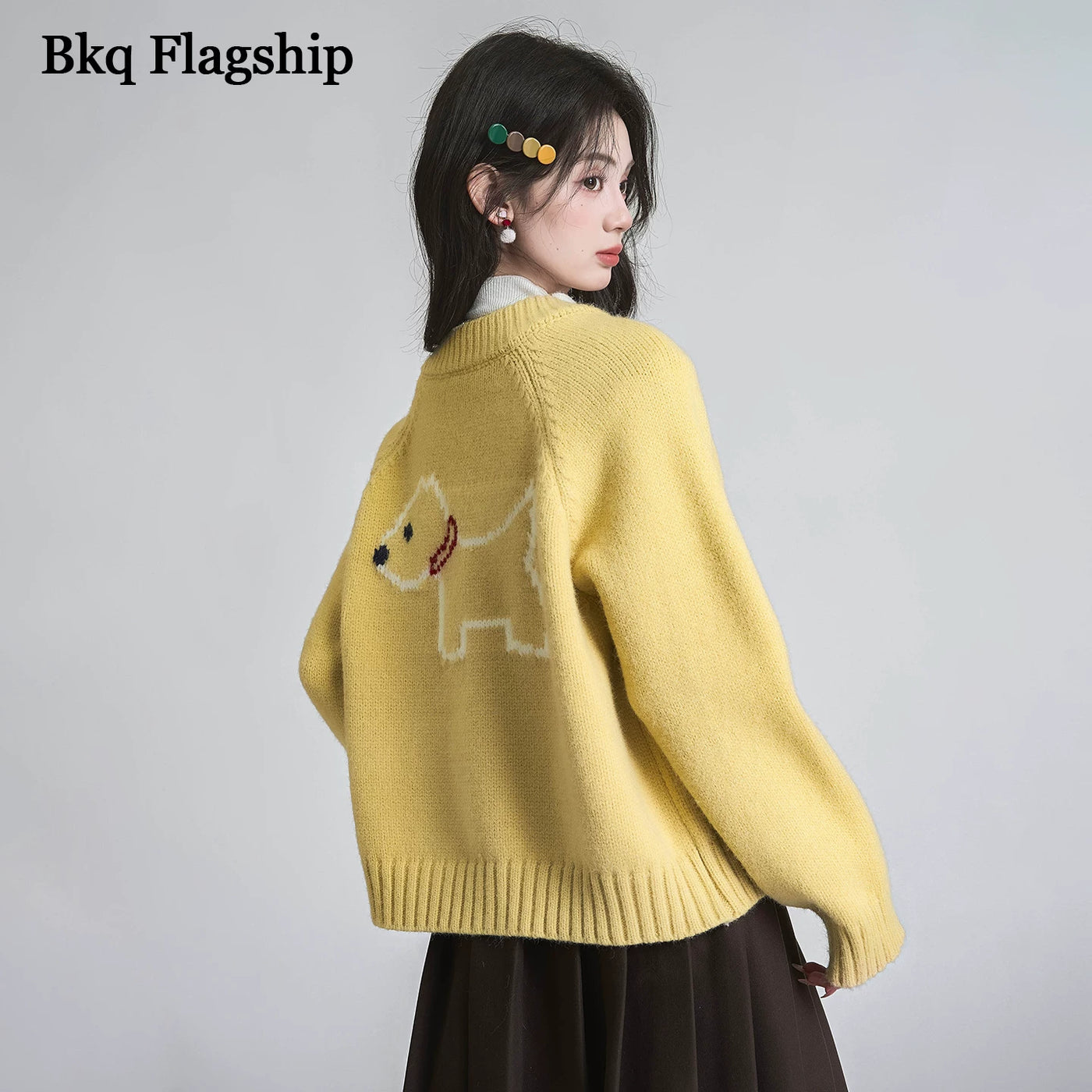 小狗提花双拉链毛衣外套女2026冬季新款小个子保暖针织开衫上衣厚
