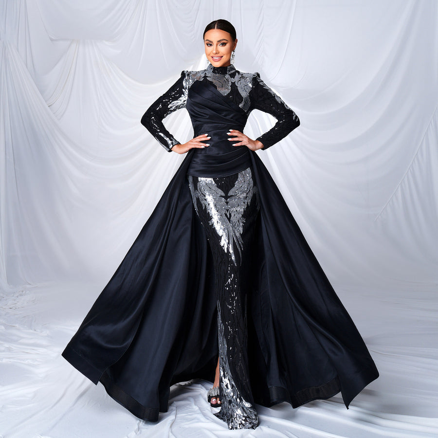 Women's Round-Neck Long-Sleeve Sequin Mermaid Maxi Evening Dress