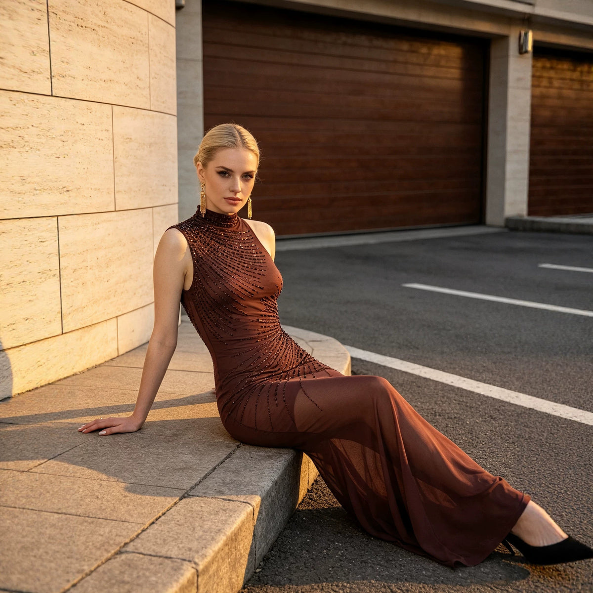 Women's High-Neck Sleeveless Rhinestone Mermaid Maxi Evening Dress